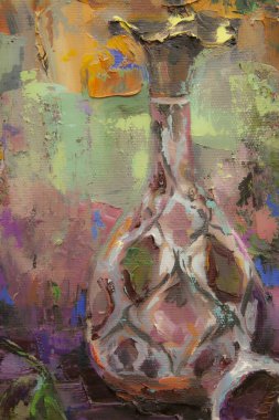 Bir Gürcü sürahisi, bir oryantal vazo, bir çaydanlık, meyve ve renk beneklerini uyumlu bir şekilde tamamlayan resimli natürmort bir yaşam..