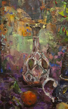 Bir Gürcü sürahisi, bir oryantal vazo, bir çaydanlık, meyve ve renk beneklerini uyumlu bir şekilde tamamlayan resimli natürmort bir yaşam..