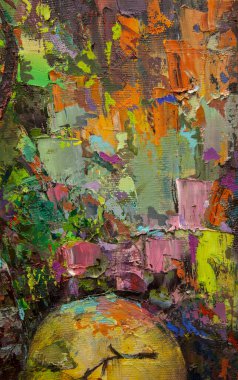 Bir Gürcü sürahisi, bir oryantal vazo, bir çaydanlık, meyve ve renk beneklerini uyumlu bir şekilde tamamlayan resimli natürmort bir yaşam..