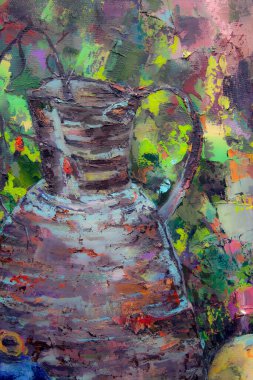 Bir Gürcü sürahisi, bir oryantal vazo, bir çaydanlık, meyve ve renk beneklerini uyumlu bir şekilde tamamlayan resimli natürmort bir yaşam..