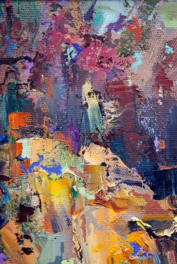 Bir Gürcü sürahisi, bir oryantal vazo, bir çaydanlık, meyve ve renk beneklerini uyumlu bir şekilde tamamlayan resimli natürmort bir yaşam..