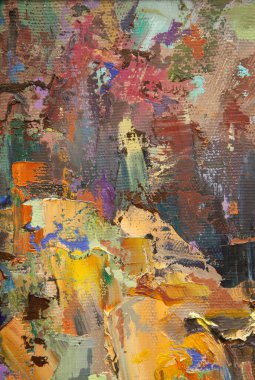 Bir Gürcü sürahisi, bir oryantal vazo, bir çaydanlık, meyve ve renk beneklerini uyumlu bir şekilde tamamlayan resimli natürmort bir yaşam..