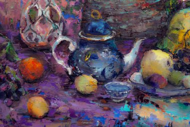 Bir Gürcü sürahisi, bir oryantal vazo, bir çaydanlık, meyve ve renk beneklerini uyumlu bir şekilde tamamlayan resimli natürmort bir yaşam..