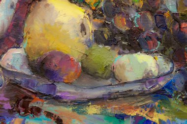 Bir Gürcü sürahisi, bir oryantal vazo, bir çaydanlık, meyve ve renk beneklerini uyumlu bir şekilde tamamlayan resimli natürmort bir yaşam..