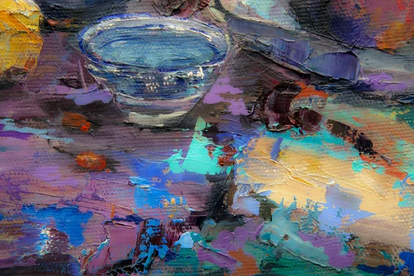 Bir Gürcü sürahisi, bir oryantal vazo, bir çaydanlık, meyve ve renk beneklerini uyumlu bir şekilde tamamlayan resimli natürmort bir yaşam..