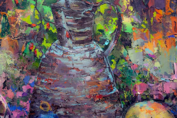 Bir Gürcü sürahisi, bir oryantal vazo, bir çaydanlık, meyve ve renk beneklerini uyumlu bir şekilde tamamlayan resimli natürmort bir yaşam..