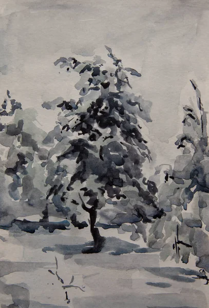 Malebná Krajina Zimní Les Vyroben Akvarelech Papíře Jak Příjemné Navštívit — Stock fotografie