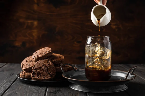 Making Iced Coffee Pouring Black Coffee Milk Jug Glass Chocolate — Stok fotoğraf