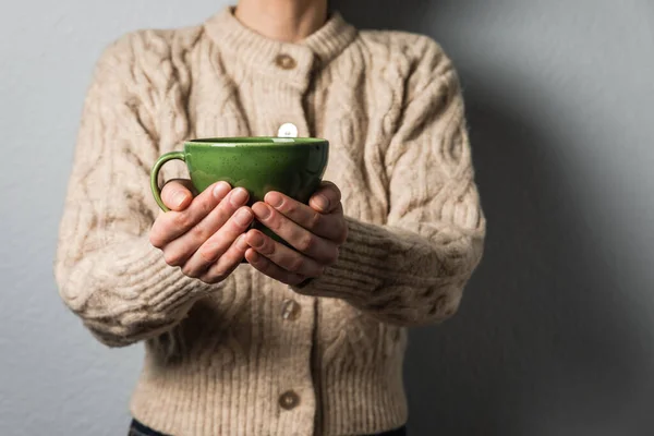 Caucasian Woman Cozy Beige Cardigan Holding Green Cup Tea Her Royalty Free Stock Photos