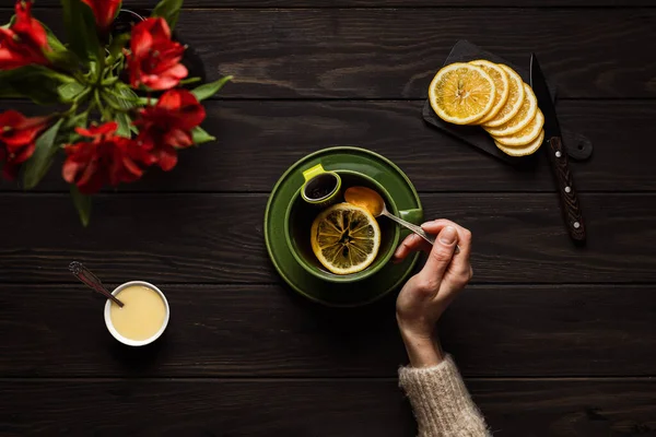 Woman Cozy Beige Sweater Drinking Big Cup Hot Tea Lemon Stock Image