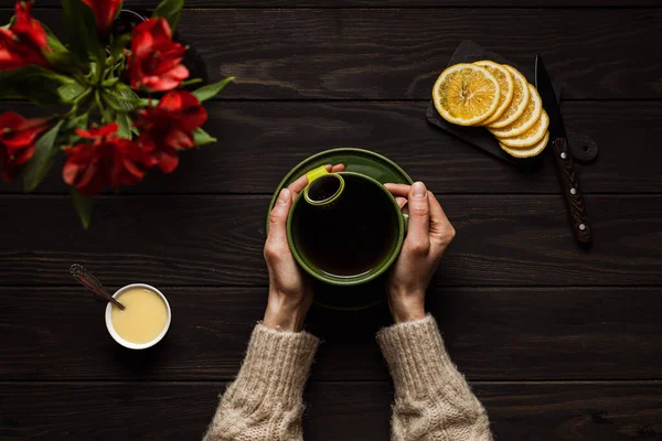 Woman Cozy Beige Sweater Drinking Big Cup Hot Tea Lemon Royalty Free Stock Images