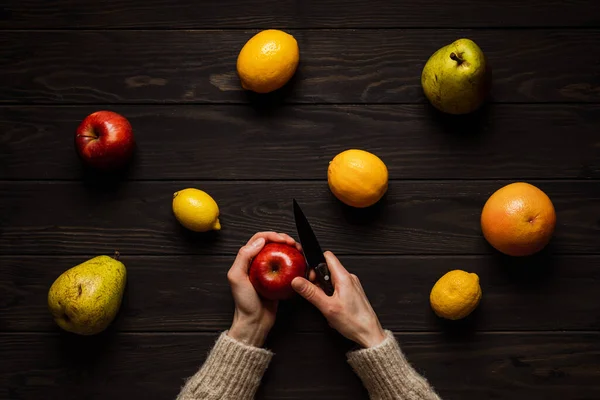 Variety Fruits Wooden Background Lemon Grapefruit Apple Pear Citrus Overhead Stock Picture