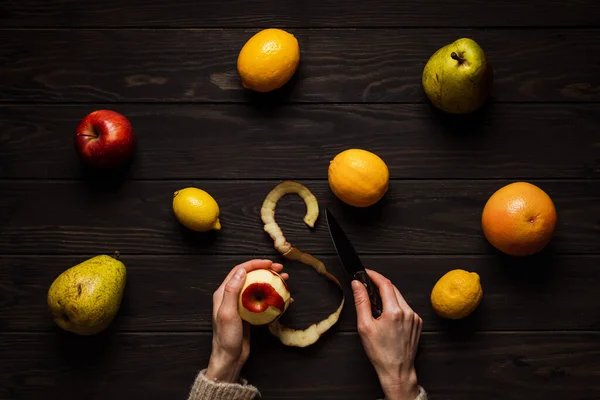Variety Fruits Wooden Background Lemon Grapefruit Apple Pear Citrus Overhead Royalty Free Stock Images
