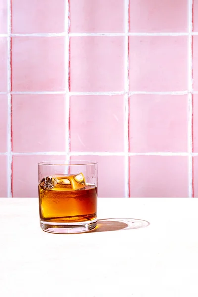 Whiskey Bourbon Rocks Glass Big Ice Cube Shot Hard Light Stock Picture