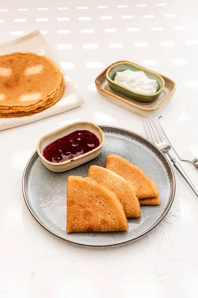 Pancakes Served Plate Sour Cream Berry Jam Stack Pancakes Background Stock Image