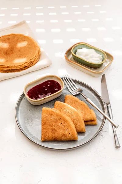 Pancakes Served Plate Sour Cream Berry Jam Stack Pancakes Background Royalty Free Stock Photos