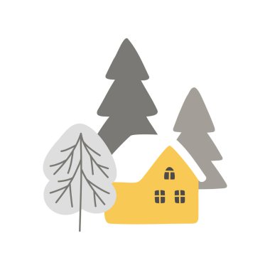 Sarı evi ve ormandaki ağaçları taşıyacağız. Beyaz arka planda izole edilmiş kışlık konforlu kompozisyon