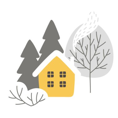 Sarı evi ve ormandaki ağaçları taşıyacağız. Beyaz arka planda izole edilmiş kışlık konforlu kompozisyon