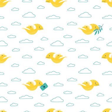 Beyaz bir arka planda bulutlu sevimli uçan dinozorlarla kusursuz bir model.