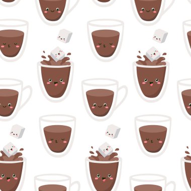 Şeker küpleri bardaklara ve kahve bardaklarına zıplıyor. Beyaz arkaplanda vektörsüz desen