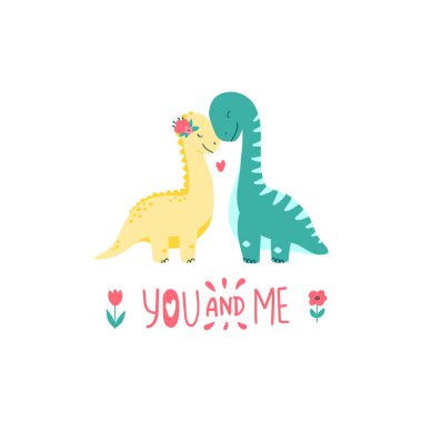 Aşık şirin dinozorlar. Sana ve bana mesaj atarım. Beyaz arkaplanda izole edilmiş karakterler. Vektör illüstrasyonu