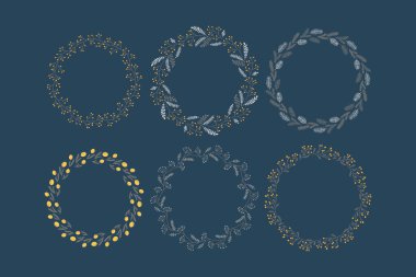 6 adet bitki dalından oluşan vektör seti. Metin için yeri olan yuvarlak çerçeve 