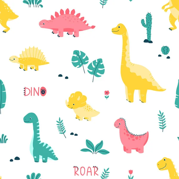 Beyaz arka planda sevimli dinozorlar, metin dinosu, yaprakları ve çiçekleri olan kusursuz bir model.