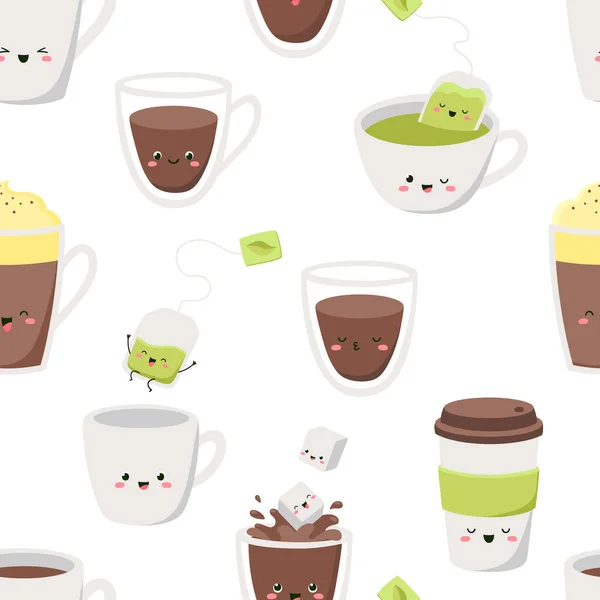 Motif Vectoriel Sans Couture Avec Tasses Verres Avec Thé Café — Image vectorielle