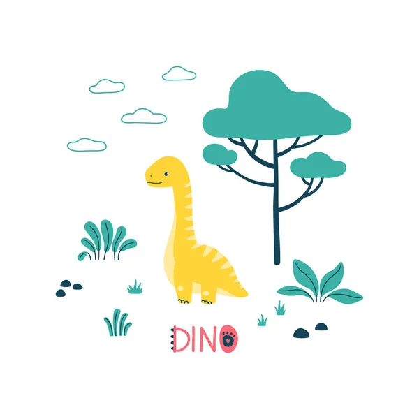 Söt Dinosaurie Med Blad Och Träd Ett Dino Sms Karaktär — Stock vektor