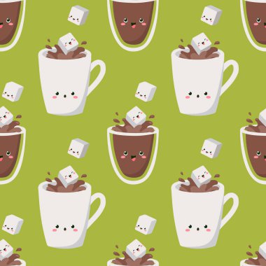 Şeker küpleri bardaklara ve kahve bardaklarına zıplıyor. Yeşil arkaplanda vektörsüz desen