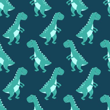 Koyu mavi arka planda sevimli dinozorlar olan kusursuz vektör deseni