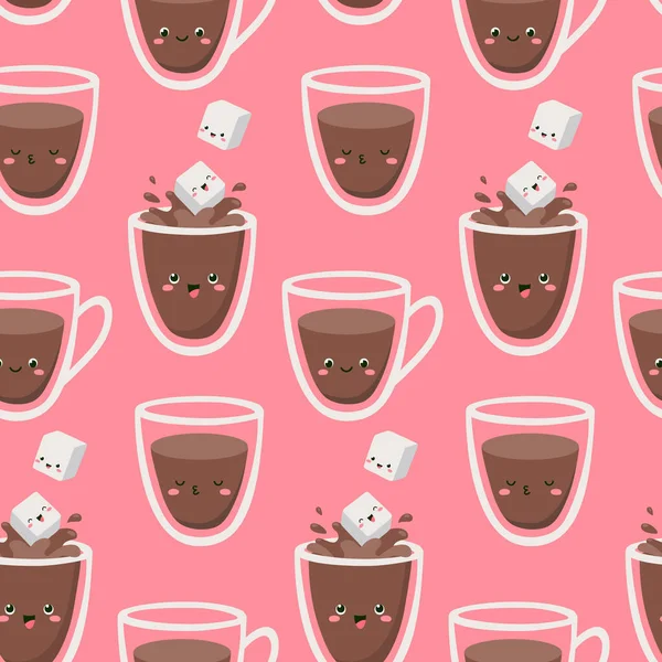 Cubos Açúcar Estão Pulando Copos Copos Café Padrão Sem Costura — Vetor de Stock
