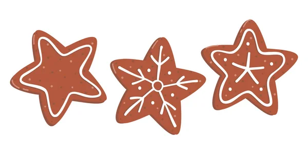 Set Vector Illustrations Gingerbread Cookies Icing Stars Shape Snowflake Drawing — Stock Vector