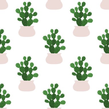 Kaktüs opuntia. Beyaz arka planda saksıda bulunan bir bitkinin vektörsüz deseni.