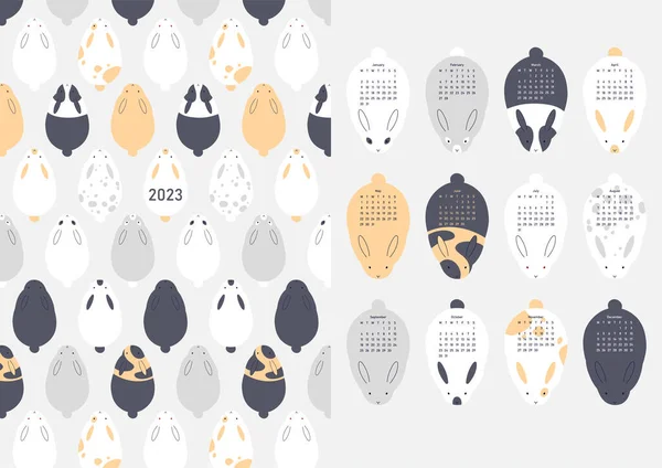 Kapaklı ve tavşan resimli vektör takvimi 2023.
