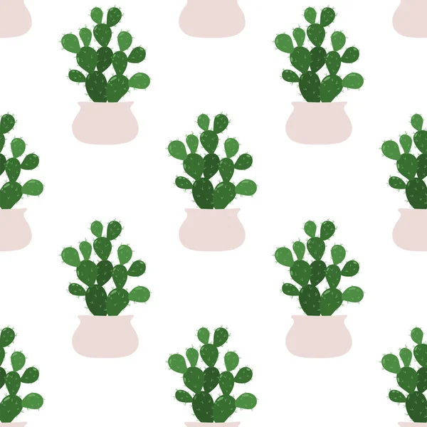 Kaktus Opuntia Vektornahtloses Muster Einer Zimmerpflanze Topf Auf Weißem Hintergrund — Stockvektor