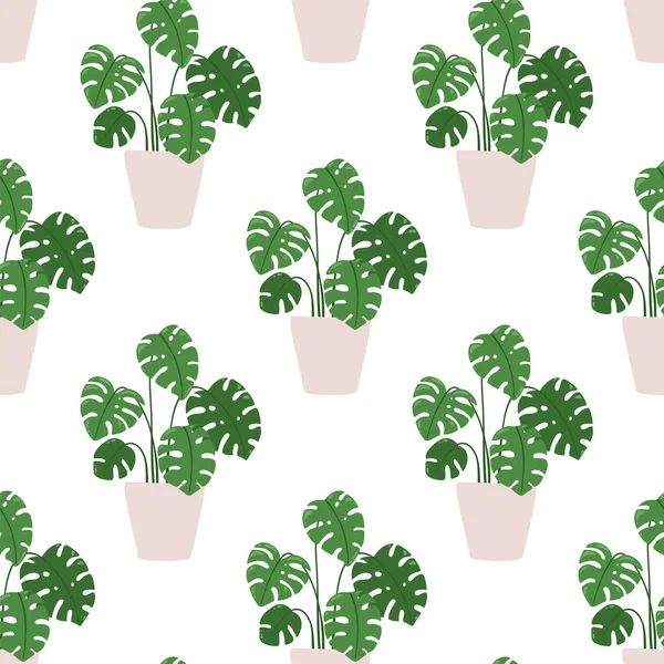 モンスターだ 白地の鉢の中の観葉植物のベクトルシームレスなパターン — ストックベクタ