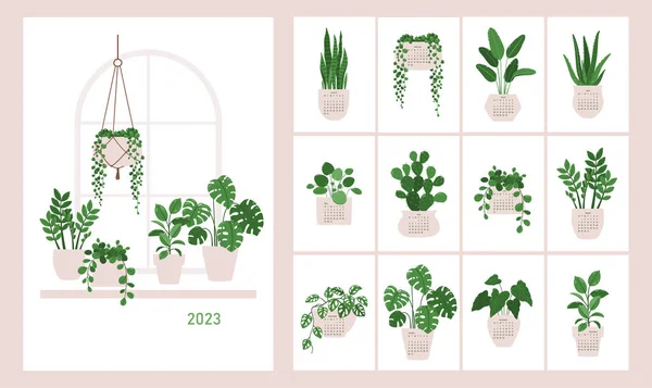 鉢の中の観葉植物のカバーやイラストとベクトルカレンダー2023 — ストックベクタ