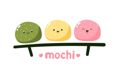 Cute mochi characters. Vector illustration of Japanese sweets and desserts. Kawaii print. Isolated on white background