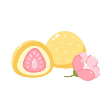 Çilekli Mochi. Japon tatlılarının ve tatlılarının vektör çizimi. Kawaii baskısı. Beyaz arkaplanda izole