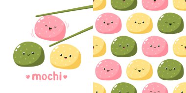 Sevimli mochi karakterler. Japon tatlılarının ve tatlılarının vektör çizimi. Kawaii izi ve kusursuz desen