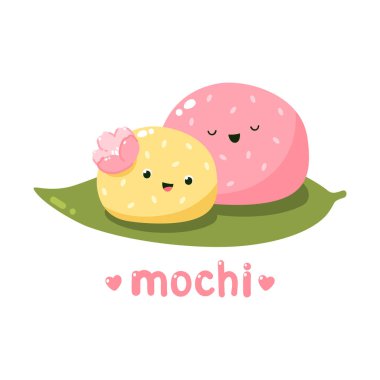 Cute sakura mochi characters. Vector illustration of Japanese sweets and desserts. Kawaii print. Isolated on white background