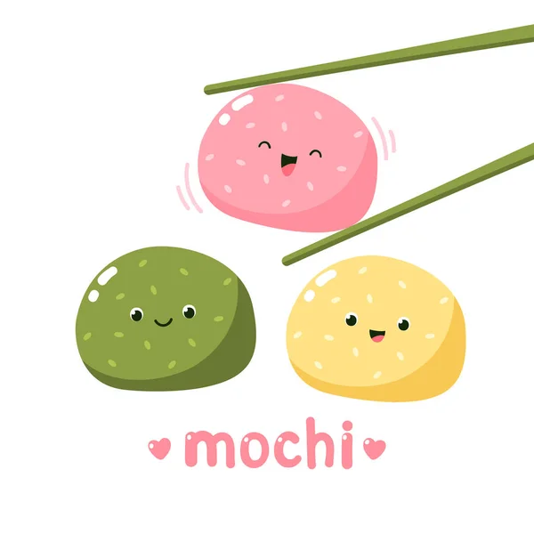 Personagens Mochi Bonitos Ilustração Vetorial Doces Sobremesas Japonesas Impressão Kawaii —  Vetores de Stock