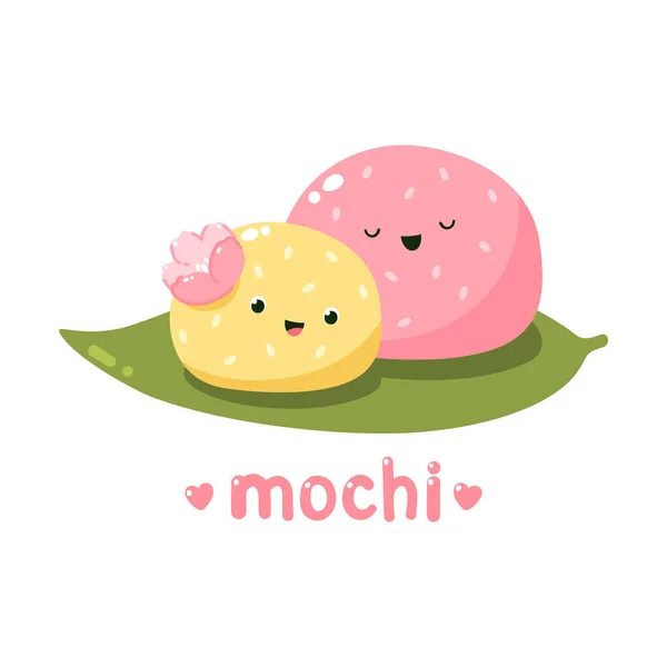 Carini Personaggi Sakura Mochi Illustrazione Vettoriale Dolci Dessert Giapponesi Stampa — Vettoriale Stock
