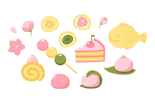 Japanese Sweets Desserts Vector Elements Set Mochi Dango Cake Isolated — Archivo Imágenes Vectoriales