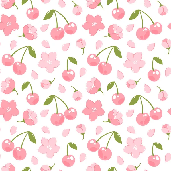 Spring Vector Seamless Pattern Sakura Cherry Fruits — Stockový vektor