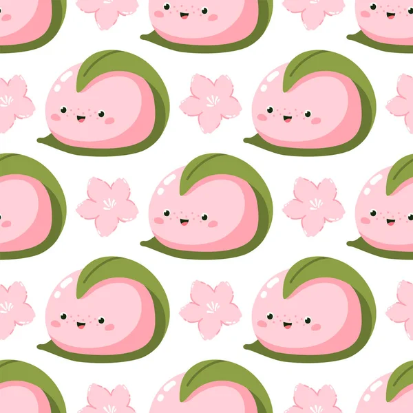 Vector Seamless Pattern Cute Sakura Mochi Character — Wektor stockowy