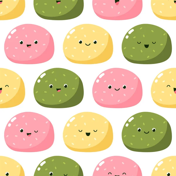 Vector Seamless Pattern Colorful Cute Mochi Characters —  Vetores de Stock