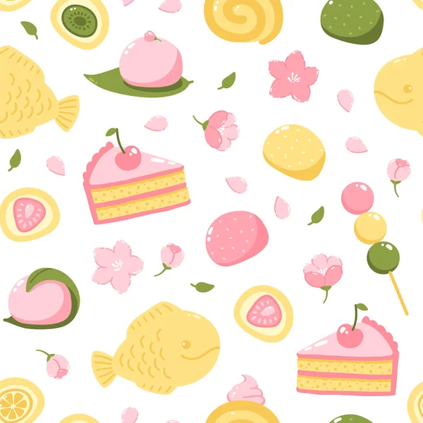 Vector Seamless Pattern Japanese Sweets Desserts Mochi Dango Cake — Stockvector