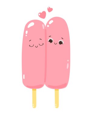 Şirin vektör karakter romantik çubukta çift buzlu şeker. Soğuk tatlı dondurması. Yaz tatlılığı. Beyaz arkaplanda izole